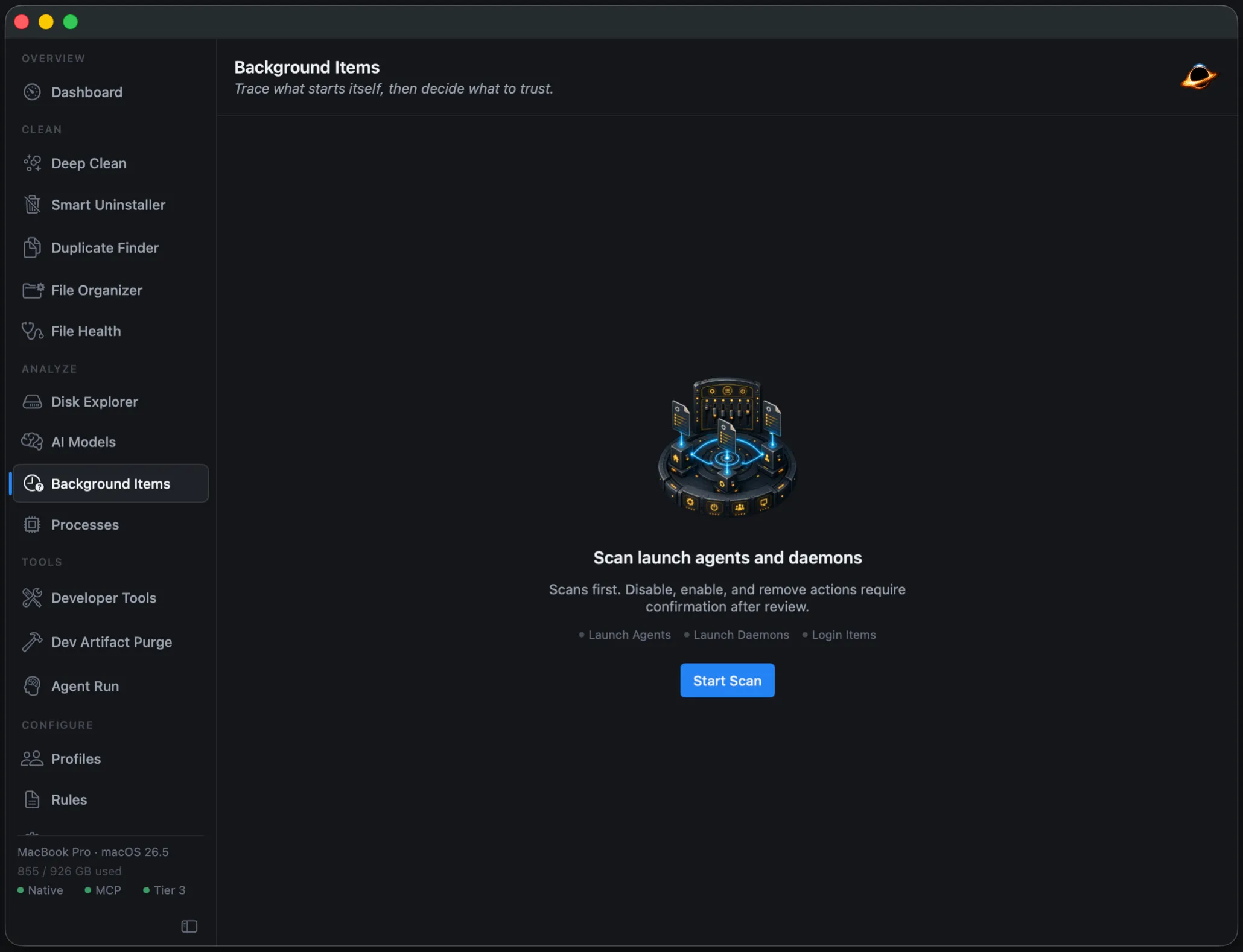 Gargantua's Background Items view for scanning launch agents, daemons, and login items