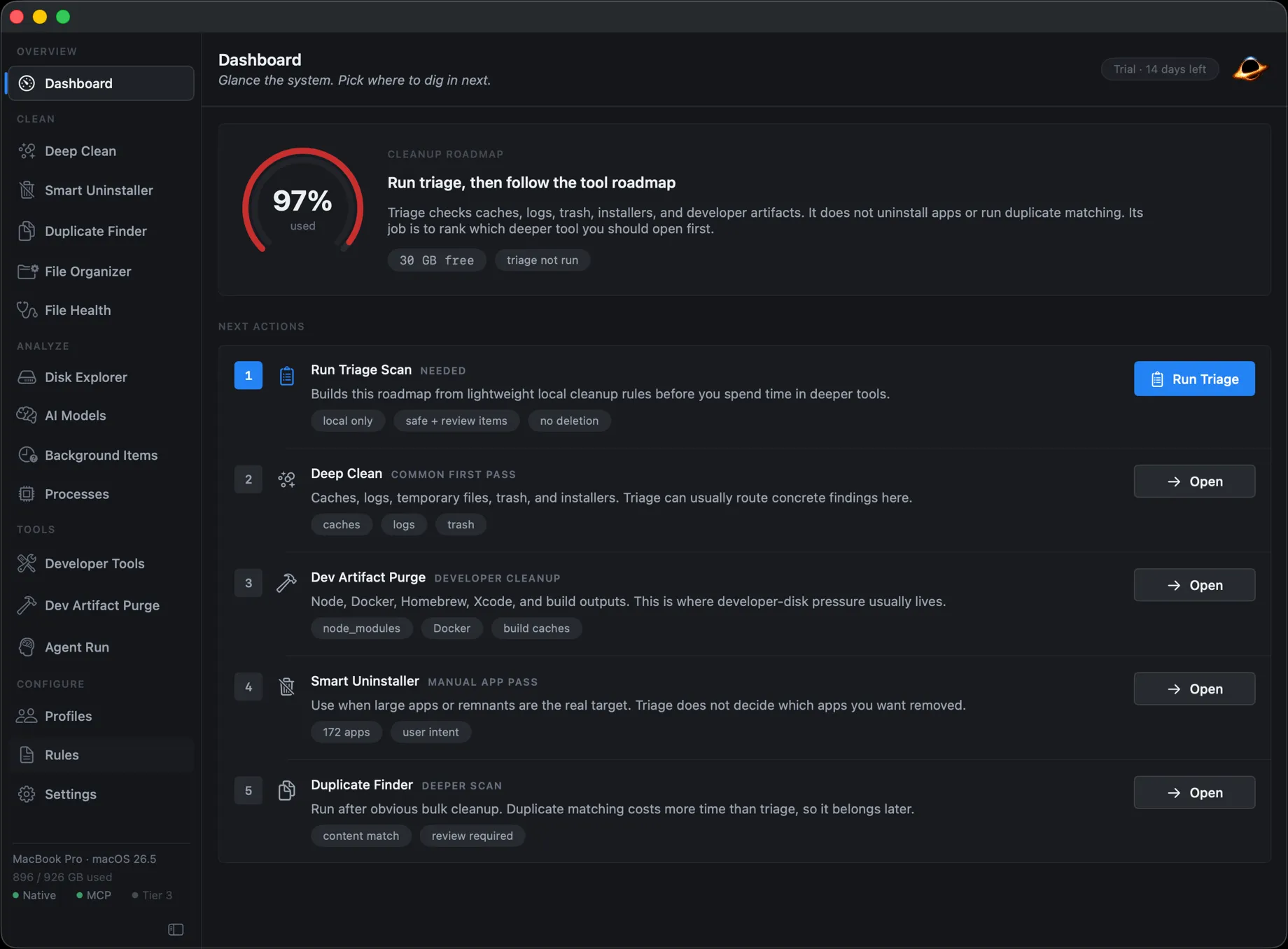 Gargantua's dashboard: a 97% used storage gauge, a cleanup roadmap, and ranked next actions from triage to deep clean