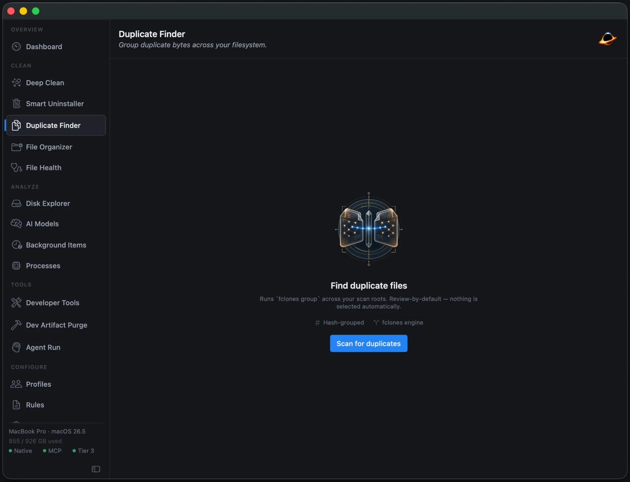 Gargantua's Duplicate Finder, ready to group duplicate files across scan roots with nothing selected by default